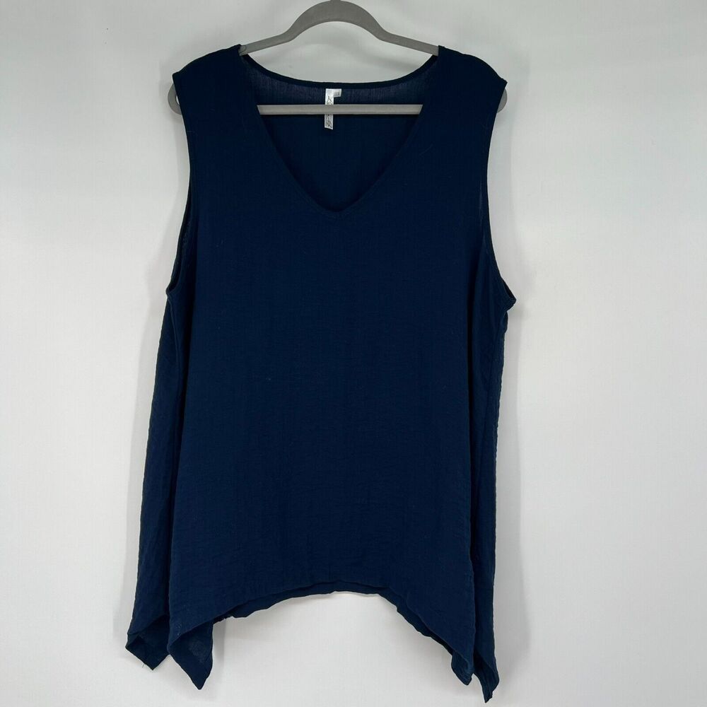 Lulu-B Tunic Tank Top Womens 1X Navy Blue Shark Bite Slit Hem V Neck Sleeveless
